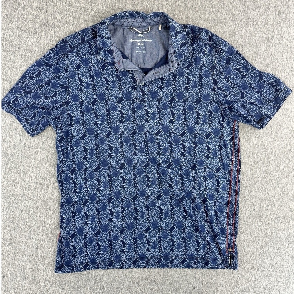 Tommy Bahama Pineapple Shirt Mens Medium Blue Cotton Aloha Hawaiian‎ Casual